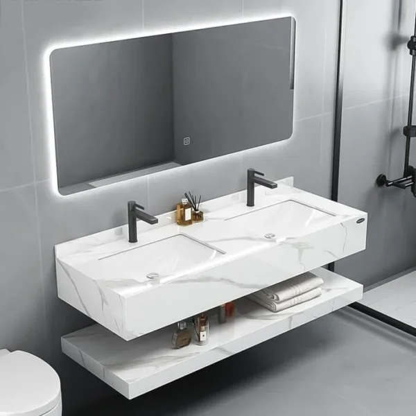 مغسلة بورسلان حوضين 150سم لون ابيض مرخم